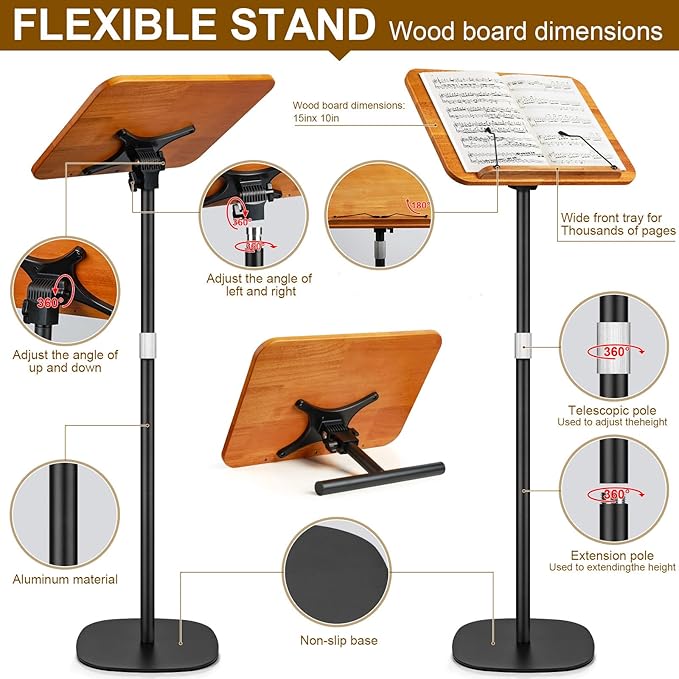 2 in 1 Dual-use Music Stand & Desktop Book Stand, Adjustable Height 16.5"-51", 100% Solid Wood Laptop Floor Stand Book Holder with Page Clips for Cookbooks, Sheet Music (Brown)