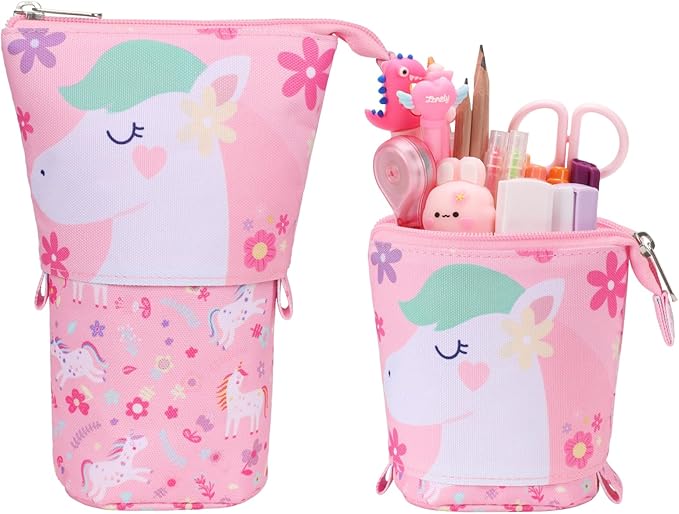 Standing Pencil Case Girls - Telescopic Pouch for Kids, Cute Kawaii Pencil Case for Girls, Big Capacity Stand Up Pencil Pouch for Kids, Pink Flower Unicorn
