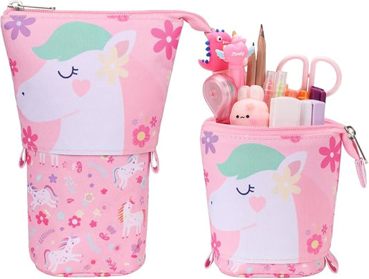 Standing Pencil Case Girls - Telescopic Pouch for Kids, Cute Kawaii Pencil Case for Girls, Big Capacity Stand Up Pencil Pouch for Kids, Pink Flower Unicorn