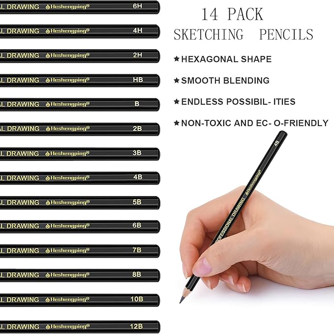 Heshengping Drawing Pencils Sketch Pencil Art Supplies Set for Adults beginners Professional Sketching Art Graphite Charcoal Blending Stump Pencils kit
