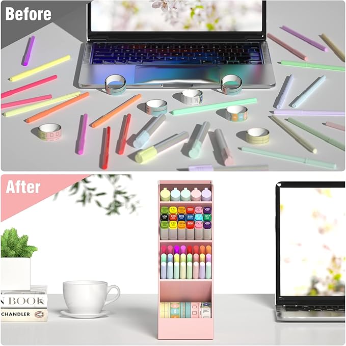 Asten Pen Holder, Pencil Holder for Desk, Pen Organizer for Office, School, Desktop, Large Capacity Pen Storage Organizer with 5 Compartment for Pens, Markers, Makeup Brush, Cosmetics (Pink, 3 Pack)