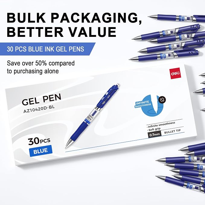 deli Gel Pens, 30 Pcs 0.7mm Retractable Pens Blue Ink | Medium Point Pen Bulk, Smooth Writing, Fast Dry, No Bleed for Journaling Note Taking, Home School Office Supplies