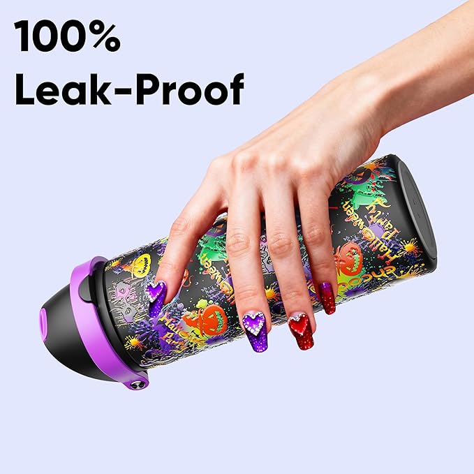 Insulated Water Bottle with Straw - Encool Stainless Steel Water Bottle with Push Button Lid, Leak-Proof & BPA-Free, Keeps Cold for 24 Hours for Sports, Travel, Gym (24 oz, Ghost Party)