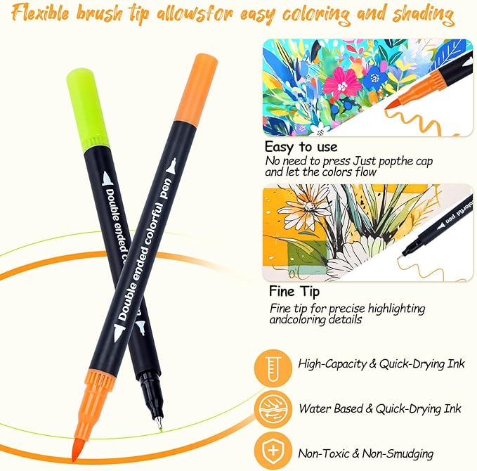 MIN CI 48 Colors Markers, Dual Tip with Fine Tip and Brush Tip Pens for Adult Coloring Book, Dual Brush Coloring Markers, Art Supplies Marker s Kit for Calligraphy, Drawing, DIY Crafts