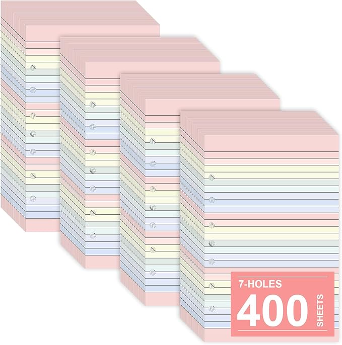 400 Sheets Colored Loose Leaf Paper 5.5" x 8.5" 7 Hole Lined Filler Paper College Ruled Notebook Refill Pad Pastel Colored Lined Refills Hole Punched Notebook Refills for 3 or 7 Ring Binders