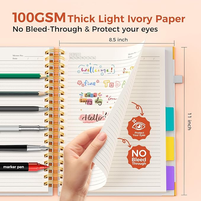 XYark A4 Hardcover Spiral Notebook, 8.5"x11" College Ruled Notebooks with Removable Dividers Tabs & Ruler, 5 Subject Notebook 300 Pages, Large Lined Journal for Women Men School Work Office, White