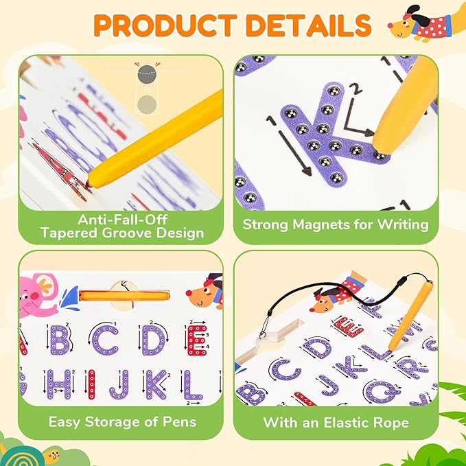 JoyCat Magnetic Animal Letter Tracing Board, Double-Sided ABC Magnets for Toddlers, Uppercase & Lowercase Letter Writing Practice - Preschool Learning Toys, Road Trip Car Activities for Kids Ages 3-5