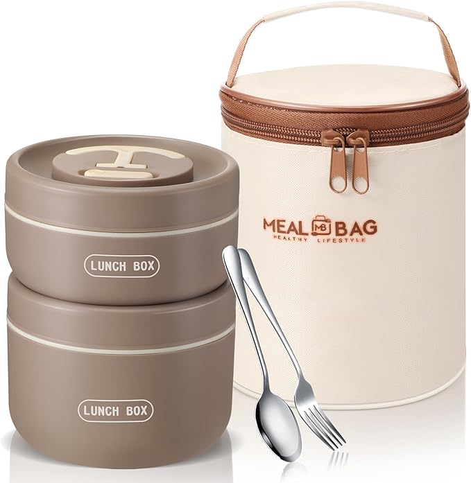 Dandat 2 Pcs Portable Insulated Lunch Containers Thermal Bento Box with Bag Fork Knife Microwavable Stainless Steel Lunch Box 15.2 oz 21 oz Separate Stackable Food Jar for Adult Men Women(Khaki)