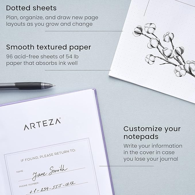 ARTEZA Dotted Journals, Pack of 2, 6x8 Inches, 96 Sheets, Lavender and Purple, Hardcover Notepads with Smooth Paper