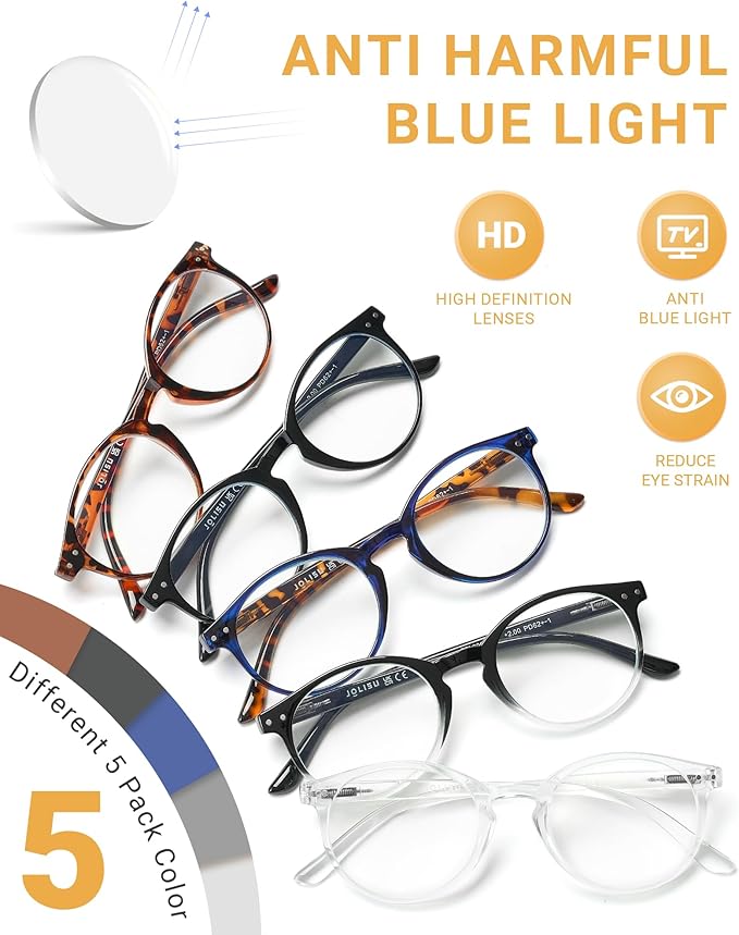 JOLISU 5 Pack Reading Glasses For Women/Men-Blue Light Blocking Computer Reader W/Round Frame - Retro Clear Lens Fake Eyeglasses（0.5）