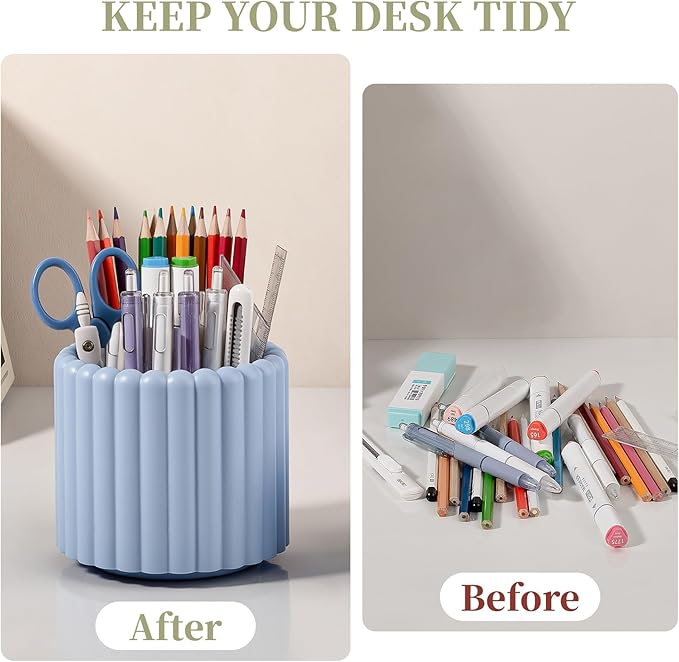 Anyoifax 360° Rotating Pen Holder 7 Slots Desk Organizer Removable Pencil Cup Plastic Art Supplies and Accessories Desktop Storage Box Caddy for Office, School, Home (Blue)