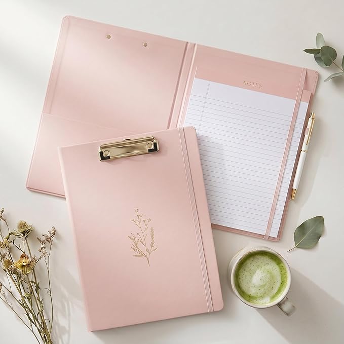 Aesthetic Clipboard Folio with Refillable Lined Notepad & Interior Pocket – Cute Padfolio/Legal Pad Holder for Women – Easily Organize Notes at Work, School, or Home