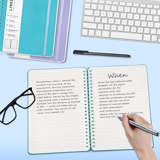 Lined Spiral Journal Notebook with 160 Pages, 8×5.7in, A5 Spiral Notebook, Journaling Notebooks for Work, School, Women, Men, College Ruled Spiral Notebook, Hardcover Leather Journals, Light Blue
