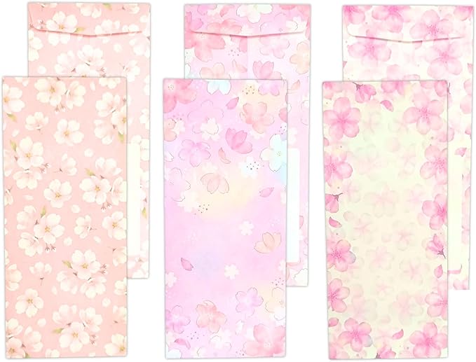 Japanese Cherry Blossom Envelopes 24 Pack (8 Pack x 3 Different Design Set), Made in Japan, Elegant Washi Paper, Self Sealing, Sakura 2026