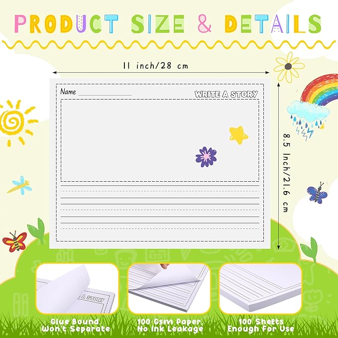 Eaasty 100 Sheets Story Writing Paper Bulk Handwriting Practice Paper for Kids Diary with Picture Story Space and Dotted Lines 11x8.5" Primary Composition Notebooks for Kindergarten Toddlers
