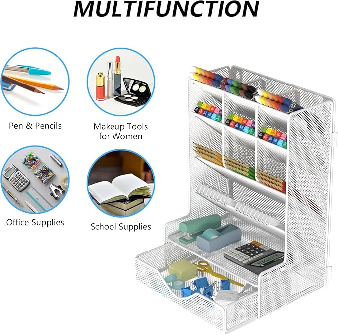 BOHDK Pen Organizer for Desk, Multi-Functional Desk Organizer, Wall Mount Pen Holder with Drawer for School, Office, Home, Art Supplies, White
