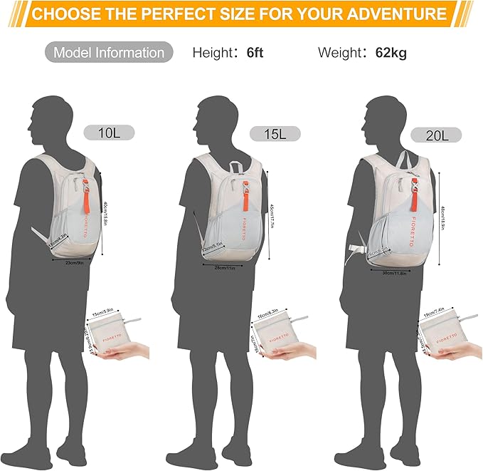 FIORETTO 10L/15L/20L Hiking Backpack for Women Men Mini Packable Backpack Lightweight Small Daypack for Travel Camping