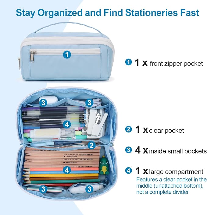 Large Capacity Pencil Case - Pencil Pouch for Teen Girls & Boys, Aesthetic Pouch Organizer with 8 Compartments, Wide Opening Marker Bag for Middle High School College, Fits Calculator, Blue