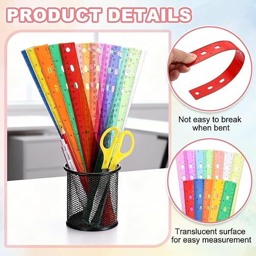HARFINGTON 20pcs Plastic Rulers 12" (30cm) Clear Straight Ruler Measuring Tool Inches and Centimeters with Hole for Home Office Classrooms Drafting, Red