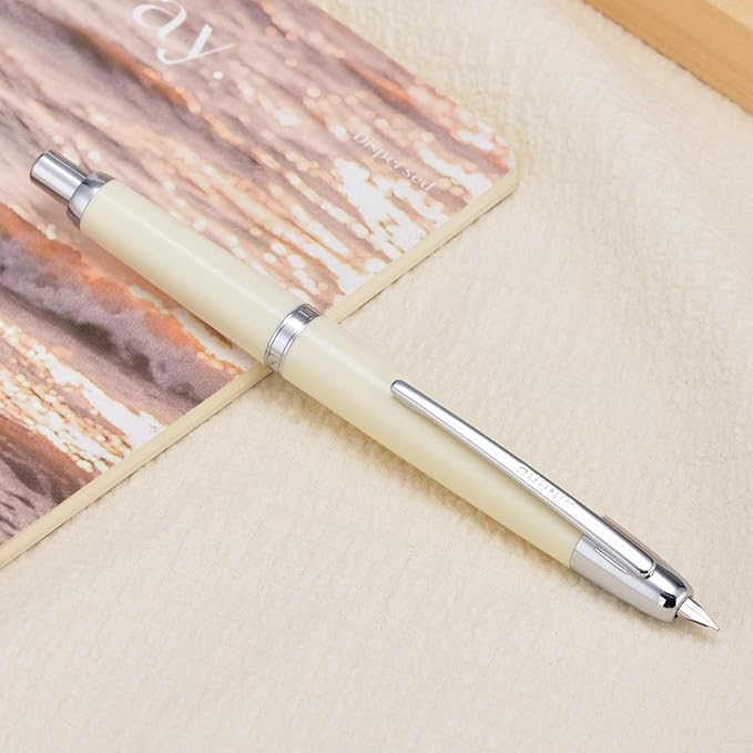 Jinhao 20 Press Fountain Pen, Ivory White Retractable Fine Nib with Ink Converter Set (Silver Clip)