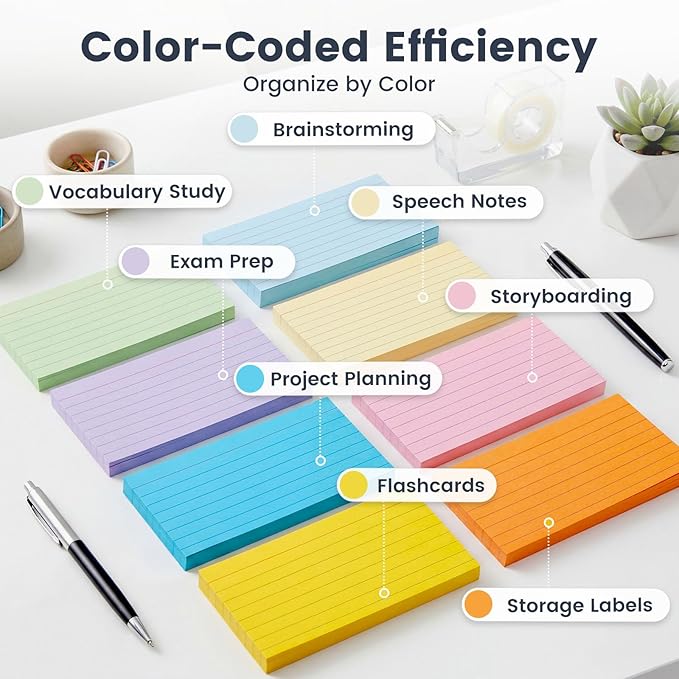 Koogel Index Cards 3x5, 300 Count, Colored Flash Card Lined Ruled on Both Side, Heavyweight Notecards for Back to School Studying Learning College Office Home Taking Notes Supplies, 8 Assorted Colors