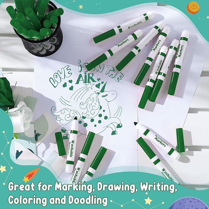 60 Pcs green Washable Markers Bulk Coloring Broad Line Markers for Kids Conical Tip green drawing pens for Classroom Back to School travel Art baby shower gender reveal Supplies, Ages 6+