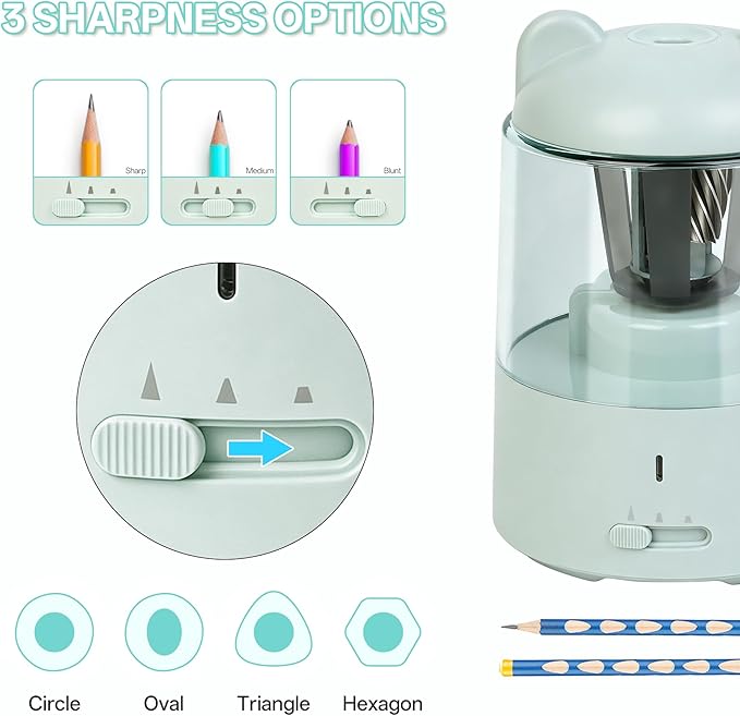 Electric Pencil Sharpener, Auto Stop Fast Sharpen in 3s, Battery Powered Pencil Sharpeners for No.2 & 6-8mm Colored Pencils, Cute Rechargeable Pencil Sharpener for Classroom/Office/Home (Green)