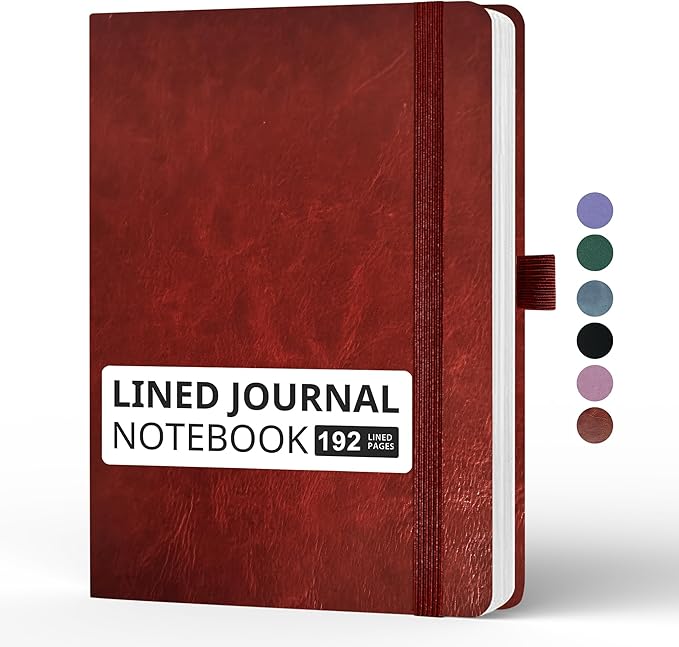Lined Journal Notebook, A5, 192 Pages 100 GSM Thick Paper, Hardcover Leather College Ruled Journal for Writing, Men Women, Journaling, Daily, Work, Office, Home School Business(Burgundy)