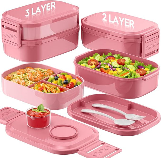 BiuLeon Bento Box Adult Lunch Box, 65 Oz Capacity Lunch Containers(Adjustable 2/3 Tier), BPA-Free, Leak-Proof and Stackable Bento Lunch Box, Microwave & Dishwasher Safe with Utensils(Pink)