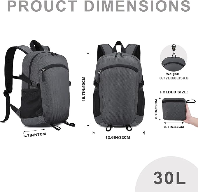 Lightweight Hiking Backpack 30L Packable Foldable Daypack Collapsible Travel Bag Water-Resistant for Women Men (Gray)