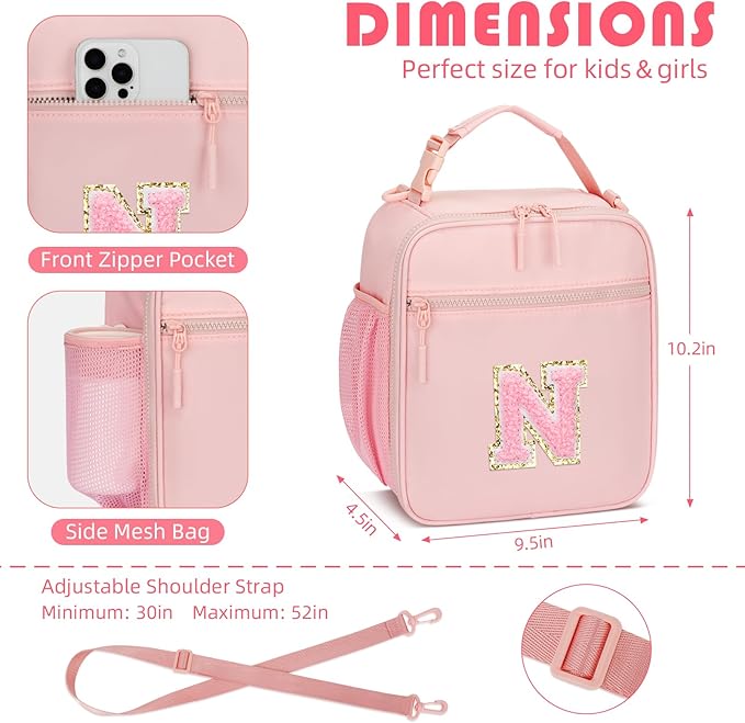 Initial Insulated Lunch Bag for Girls Kids, Back to School Gift, Reusable Leak-proof Lunch Box with Adjustable Strap for School Daycare Travel Picnic (Pink,N)