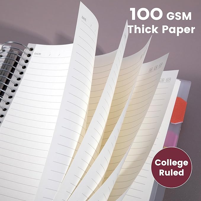 Yoment 5 Subject Notebook College Ruled, 300 Pages Spiral Notebook with Removable Divider Tabs，Hardcover 8 x 10 Inches College Ruled Journal 1 Inner Pocket for School College Work Office Home,Red
