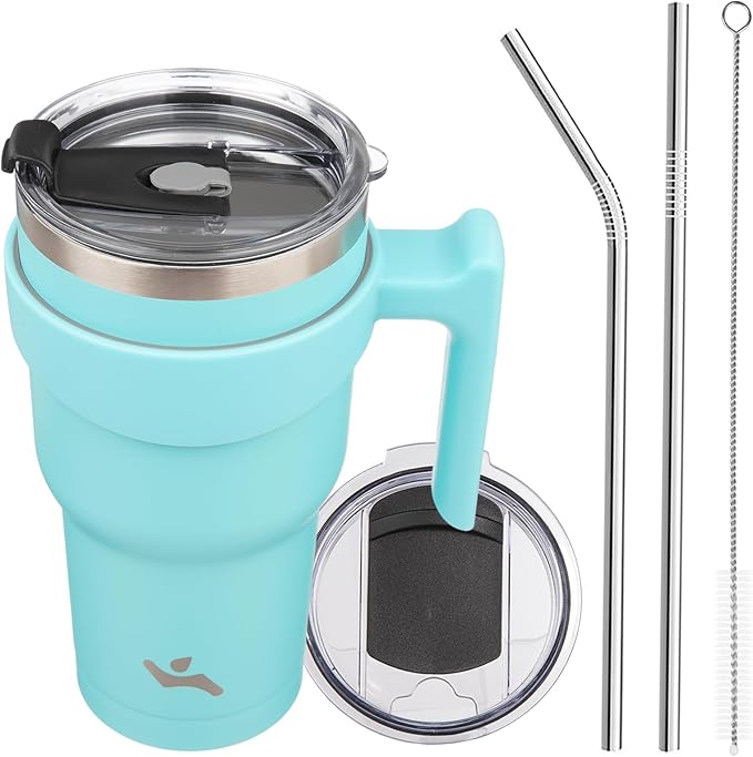 Konokyo 30 oz Tumbler with Handle and 2 Straw 2 Lid, Insulated Water Bottle Stainless Steel Vacuum Cup Reusable Travel Mug,Turquoise