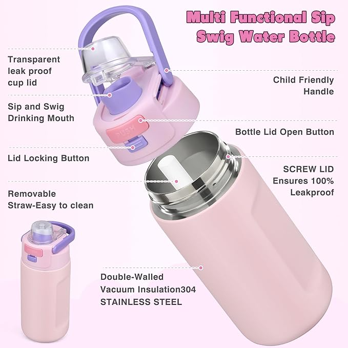 Bento Lunch Box for Kids with 7oz Soup Thermo,Insulated Stainless Steel Kids Water Bottle with Straw and Insulated Lunch Bag,Leak-Proof Lunch Food Container with Ice Pack for School (Pink)