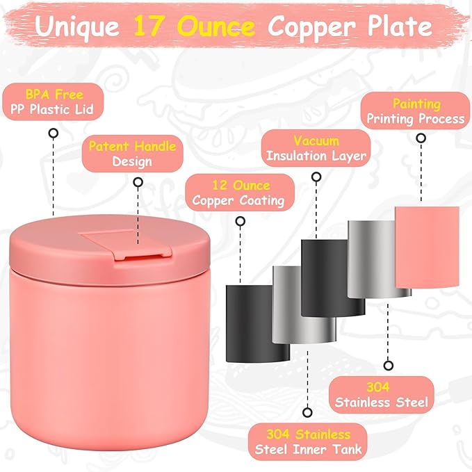 Pawtong 19oz Insulated Vacuum Food Jar with Buckle Lid Wide Mouth Soup Thermo for Hot Food Kids Leakproof Stainless Steel Lunch Container- Pink-1Pack