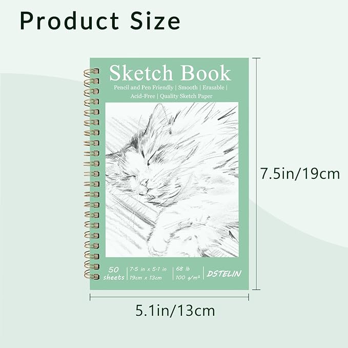 DSTELIN 2 Pack Hardcover Sketchbooks (100 GSM Sketch Paper), 7.5x5.1 Inch Spiral Sketch Book for Sketching, Drawing, Painting, 50 Sheets per Pack, Pink and Green