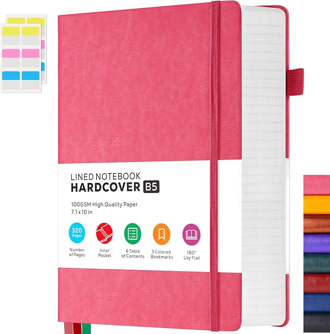 FOCUS DAY Bullet Lined Journal Notebook for Women/Men Writing Work, 320 Pages B5 Large Pink Leather Daily Diary Journals Note book College Ruled for Note Taking, 100Gsm Thick Paper, 7.1'' X 10''