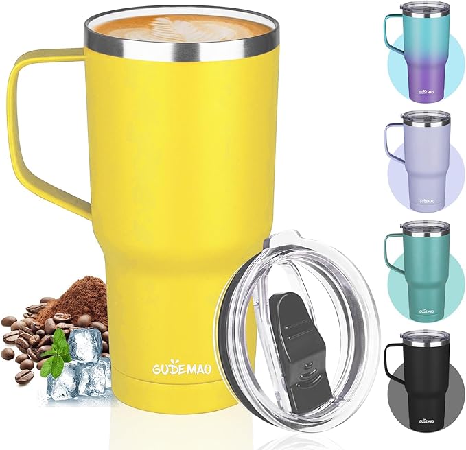 20 oz Insulated Coffee Mug with Ceramic Coating, Stainless Steel Travel Mug Tumbler with Handle Lid and Straw, Double Wall Leak-Proof Coffee Travel Mug Keeps Drink Hot and Cold (Yellow)