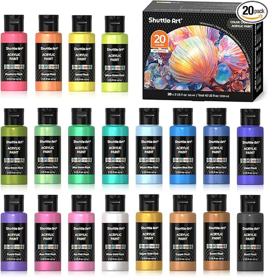 Shuttle Art Color Change Acrylic Paint, 20 Chameleon Colors Acrylic Paint, 60ml/2oz Bottles, Iridescent Colors for Artists, Beginners, Kids Painting & Crafting on Canvas, Rocks, Wood, Fabric, Ceramic
