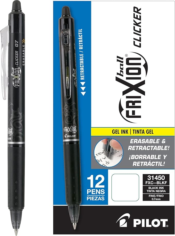 Pilot, FriXion Clicker Erasable Gel Pens, Fine Point Pens 0.7 mm, Pack of 12, Black