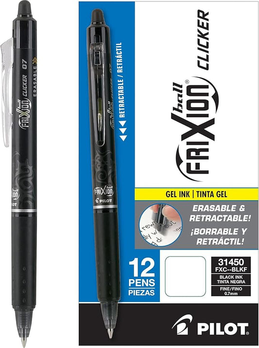 Pilot, FriXion Clicker Erasable Gel Pens, Fine Point Pens 0.7 mm, Pack of 12, Black
