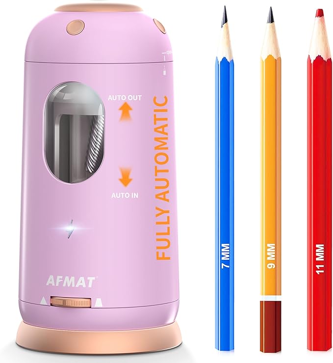 AFMAT Electric Pencil Sharpener, Auto in & Out, Fully Automatic Pencil Sharpener, Rechargeable Hands-Free Sharpeners for Jumbo & Colored Pencils (7-11.5mm), Good for Classroom/Home PSC8(Light Purple)