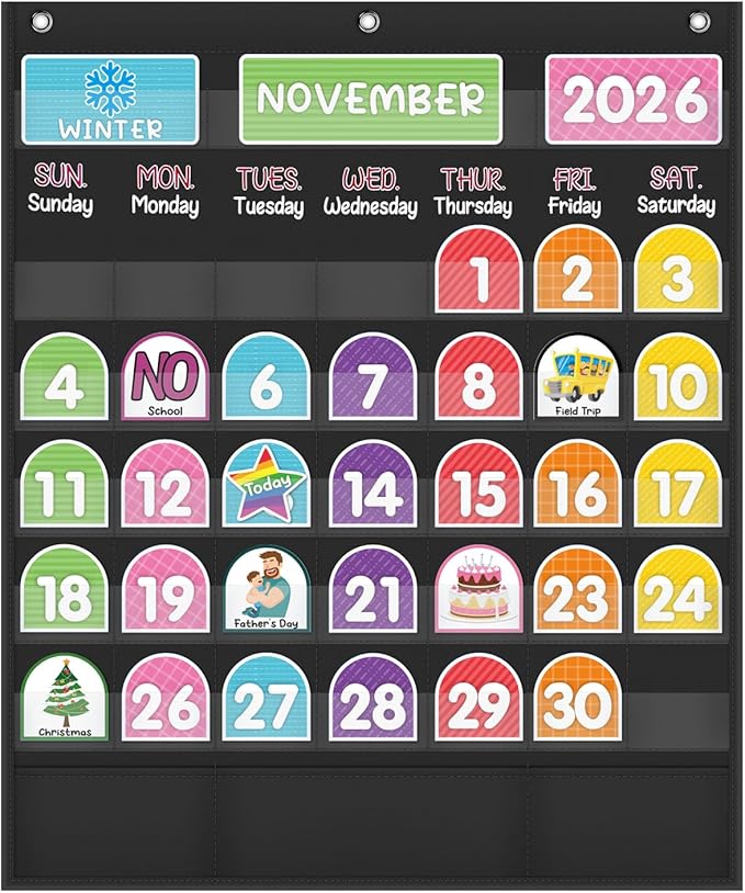 Mewise Monthly Calendar Pocket Chart with 92 Activity Cards for Kids,Simplified Calendar Pocket Chart for Kids Easy Learning,Classroom/Teacher Must Have Supplies/School Decor (Black English)