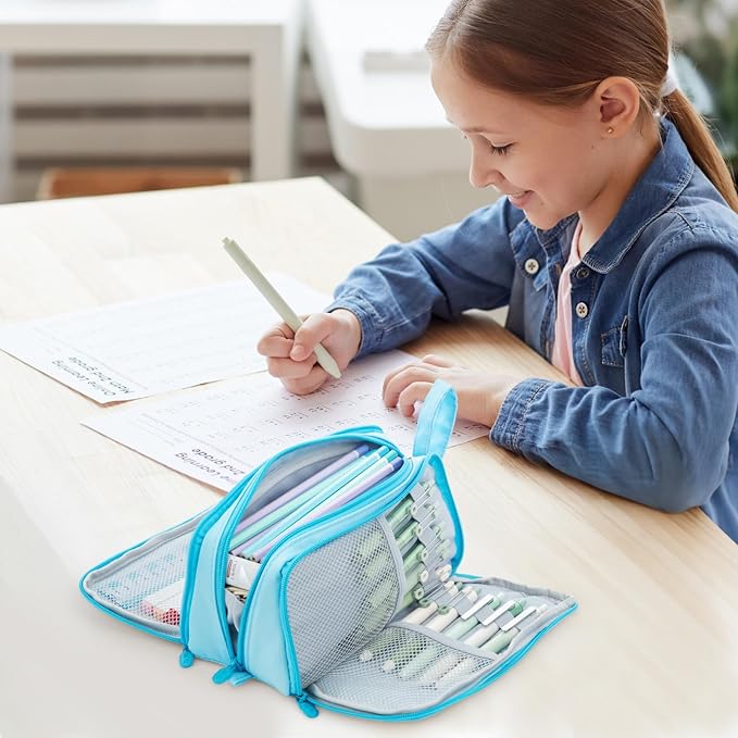 M&G Large Pencil Case, Big Capacity Pencil Pouch with 3-layer Compartment, Portable Handheld Pencil Bag, Cute School Stationery Organizer for Boys Girls Men Women, Ideal for Office School,Blue