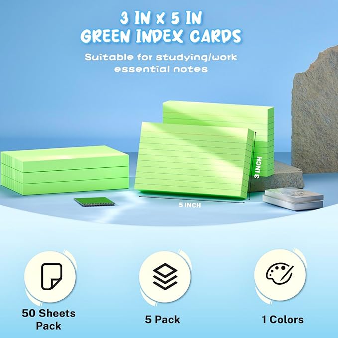Green Index Cards 3x5, 250 Count Notecards 3x5 Lined, 3 x 5 Index Cards Ruled Flash Cards for Studying, 3 x 5 Index Note Cards Flash Paper Bulk Study Card Index Card for Learning Taking Notes to-Do