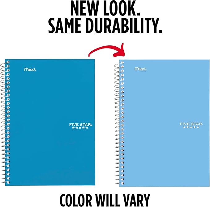 Five Star Spiral Notebook, 2 Subject, College Ruled Paper, 6" x 9.5", 80 Sheets, Blue (Color May Vary) (840029CG1)