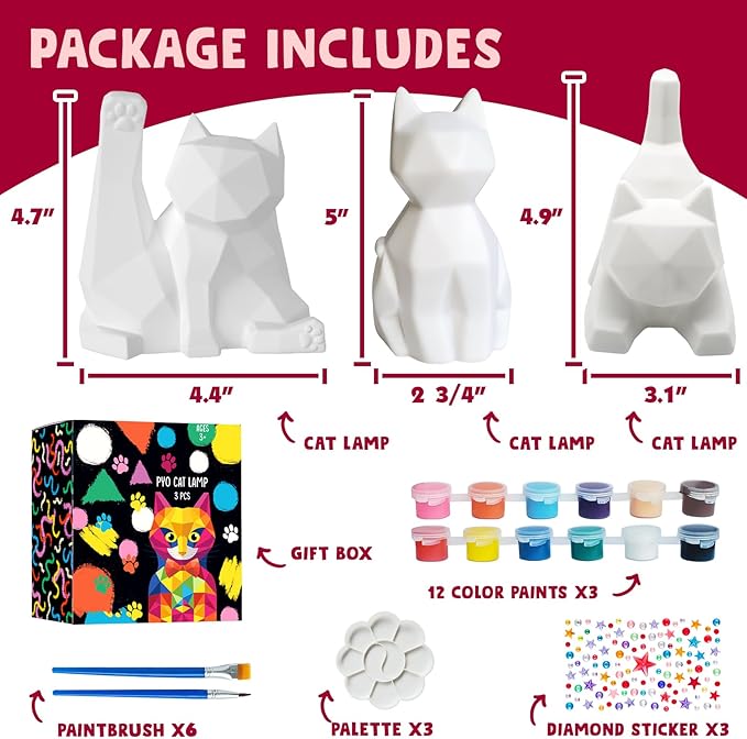 Goody King Paint Your Own Cat Lamp Art Kit, 3PCS DIY Night Light, Arts & Crafts for Kids Ages 8-12, Painting Kit for Girls Boys Age 4 5 6 7 8+, Art Supplies Cat Craft Birthday Gifts for Kids Ages 3+