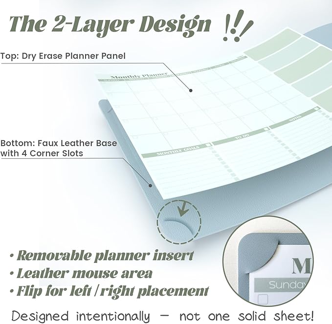 JJPRO Dual-Layer Sage Green Dry Erase Desk Mat,Large Multi-Use Dry Erase Desk Calendar, Erasable Desk Mat,Double-Sided Faux Leather Desk Pad,Reusable Desk Writing Board for Office, Home-16"x34"