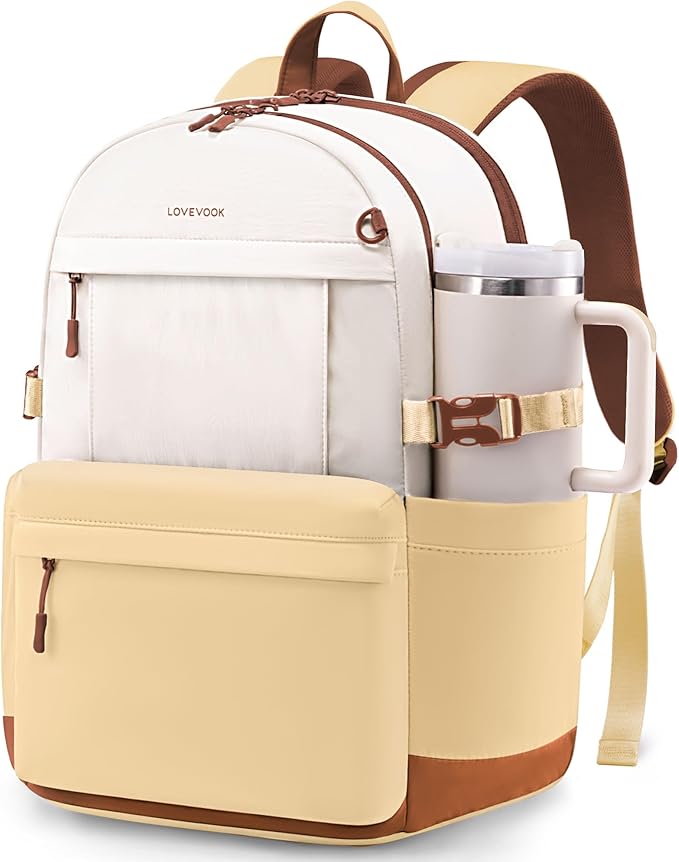 LOVEVOOK Laptop Backpack for Women with Giant Tumbler Holder,15.6 Inch Laptop Computer Bag Travel Backpack Purse,Waterproof Work Business Backpack College Bookbag Teacher Bags,Beige-Buttercream-Brown