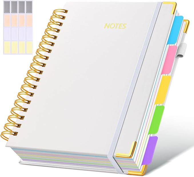Hardcover Spiral Notebook Journal with Removable Dividers Tabs, 300 Pages Leather 5 Subject Notebook College Ruled, 8"x10" Large B5 Notebooks for Work School Note taking, Lined Journal for Women, White